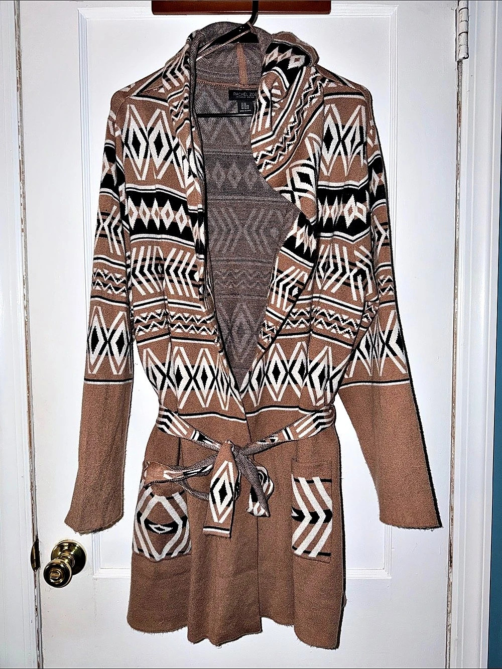 Rachel Zoe Geometric Hooded Cardigan in Brown & Black Size 3X